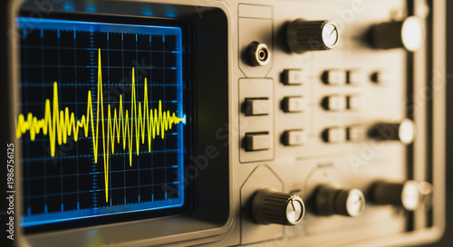 Plakat Oscilloscope screen displaying a yellow frequency waveform