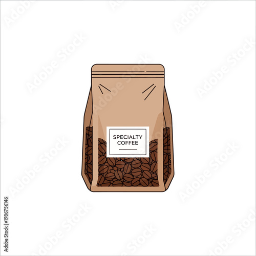 Brown paper bag of specialty coffee beans, isolated on white background, flat illustration.
