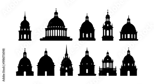 Classical dome silhouettes collection, 11 architectural cupola icons, historic cathedral and capitol building roof elements, black vector set