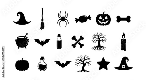 Halloween silhouette icons set, 18 spooky vector elements including pumpkin, bat, and witch hat, black holiday clip art for party invitations