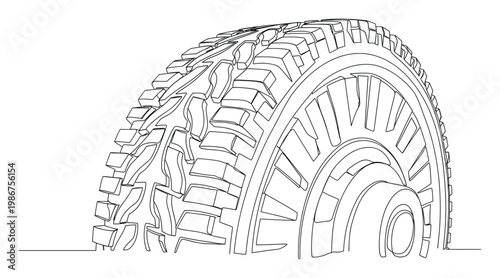 Detailed continuous line drawing of a rugged offroad vehicle tire with deep tread patterns and wheel hub providing a strong visual for automotive industry advertisements brochures or