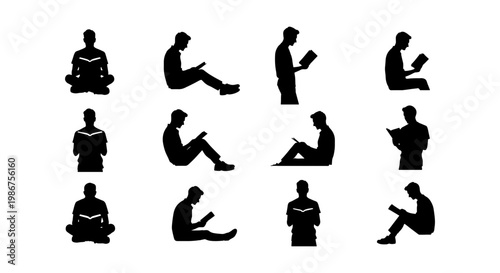 Minimalist reading people silhouettes set, 12 black vector icons of men reading books, male figures sitting and standing with literature for library design