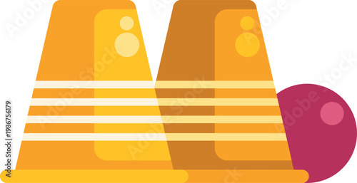 Illustration of two yellow cups and a red ball symbolizing a classic magic trick concept