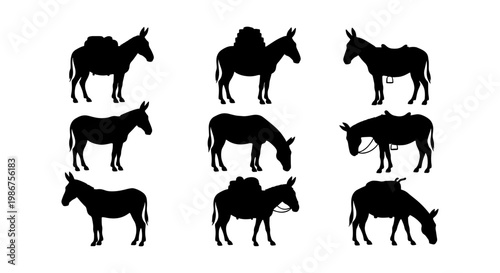 Donkey silhouette vector set, 9 pack animal icons with saddles and luggage, farm mule and burro silhouettes for agriculture and travel design