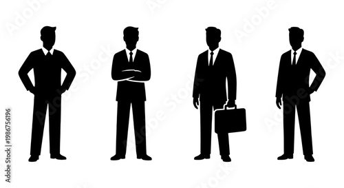 Professional businessman silhouette set, corporate male figures in suits, black vector icons of office workers and entrepreneurs standing