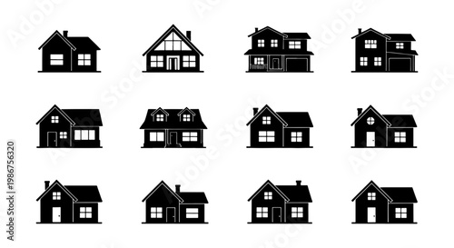 Minimalist house icon set, black silhouette residential building collection, 12 suburban home vector illustrations for real estate and architecture