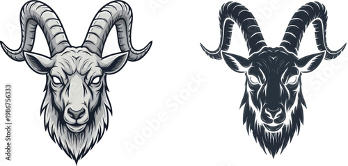Two detailed vector illustrations of a goat's head, one light and one dark, both featuring large curved horns and intense glowing eyes.