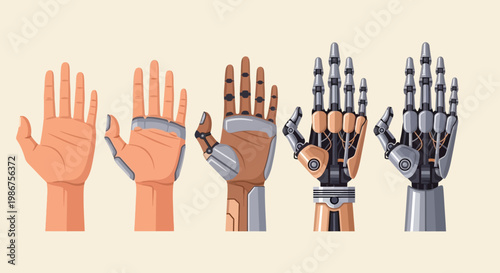 Evolution of the human hand to a robotic hand, illustrating technological advancement and the future of prosthetics and artificial intelligence