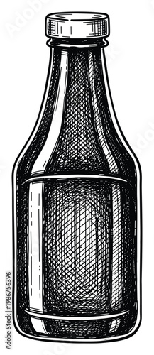 Hand drawn sketch of a glass condiment bottle with a screw cap, ideal for packaging designs, food and beverage branding, and vintage themed graphic projects