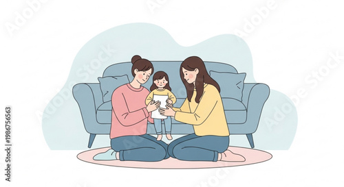 Loving family with two mothers and their baby sitting on floor in cozy living room with blue sofa