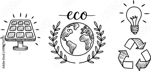 Hand-drawn eco solar panel, earth with laurel wreath, lightbulb, and recycle symbol