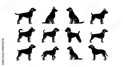 Black dog silhouettes collection, set of 12 canine breed icons, minimalist pet animal vector graphics, standing and sitting dog profile shapes