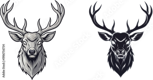 Two distinct stylized deer head illustrations, one in detailed grayscale and the other a bold black silhouette, both featuring prominent antlers.