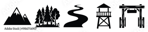 Collection of outdoor landscape icons featuring mountains, forest trees, a winding path, a watchtower, and a wooden entrance gate for nature themed graphics