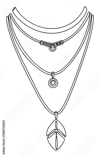 Elegant continuous line contour of a multilayered necklace featuring an intricate chain and distinct pendants, ideal for upscale jewelry promotion and minimalist branding campaigns