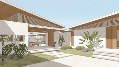 Modern house with a large patio and tropical plants in the yard isolated on white background.