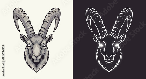Detailed illustration of a majestic mountain goat or ibex head with large curved horns, presented in two styles: one on a light background and a glowing outline on a dark background.