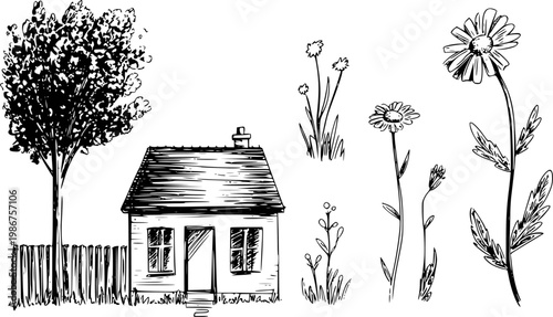 Hand-drawn of a small cottage, tree, fence, and wildflowers white background house