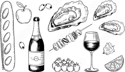 Hand-drawn of gourmet food and drink assortment: oysters, wine, bread, and appetizers