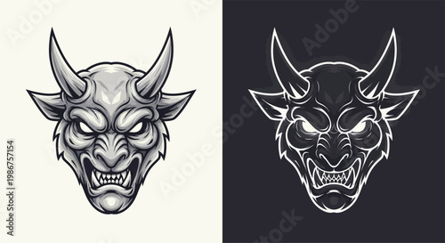 Fierce horned demon or oni mask illustration in two contrasting styles, one light and one dark with glowing eyes.