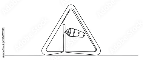 Continuous line drawing of a windsock within a warning triangle, symbolizing strong wind conditions or hazard alert for driving safety applications