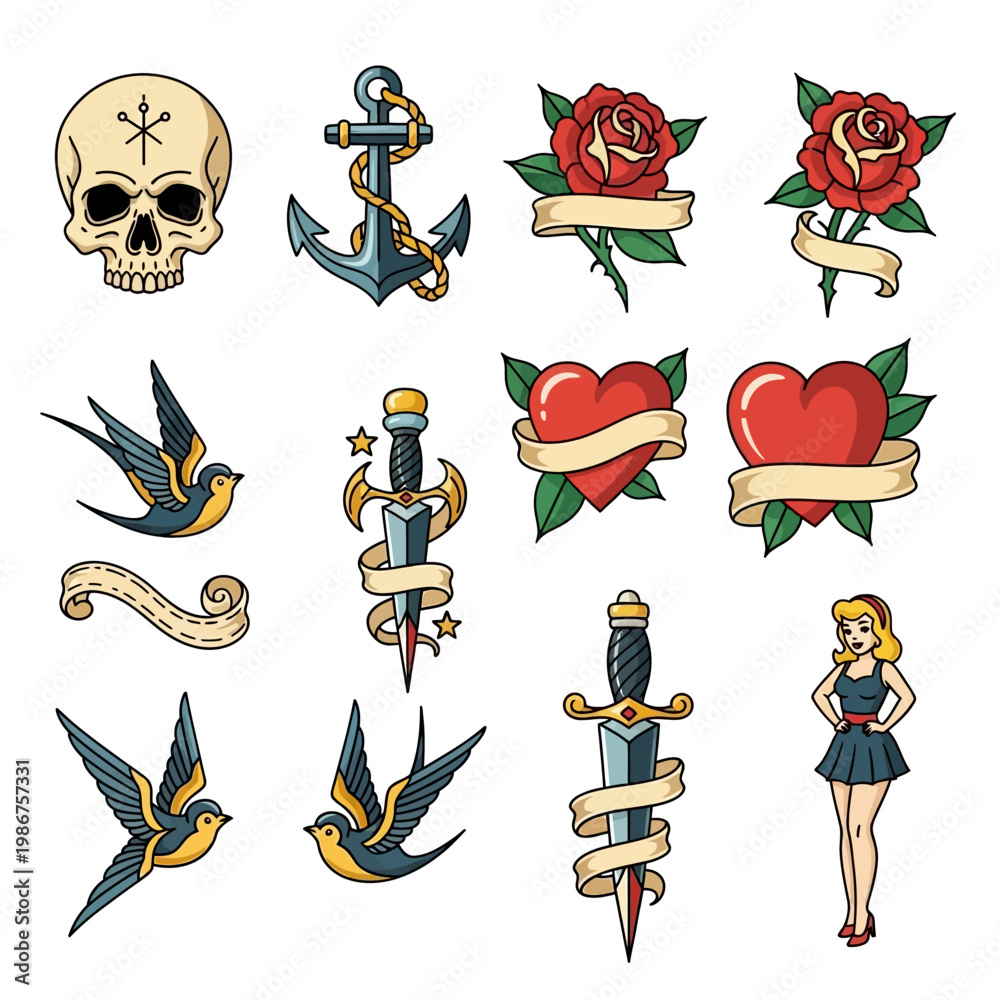 Obraz premium Traditional Tattoo Flash Sheet: Skull, Anchor, Roses, Hearts, Daggers, Swallows, Pin-up Girl