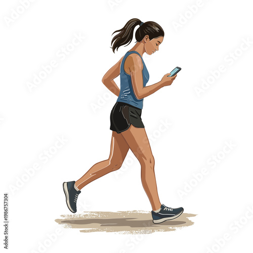 Woman runs while checking her phone on a city street path