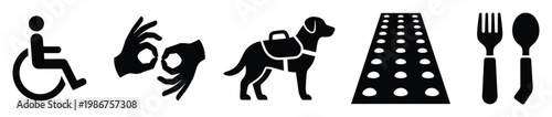 Accessibility and inclusion symbols featuring a wheelchair user sign language service animal tactile paving and dining icons for public awareness and inclusive design applications