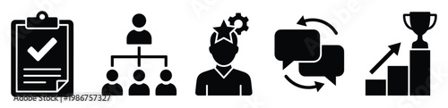 Black business icons symbolizing task completion, organizational structure, skilled human resources, effective communication, and growth achievement, ideal for corporate presentations and