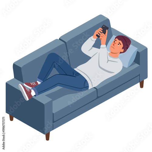 A man lies on a couch playing video games with a controller in a living room.
