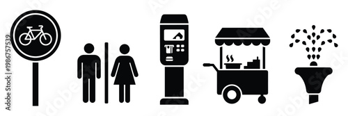Comprehensive set of universal public icons representing bicycle routes restrooms payment machines food carts and water fountains for city guides and website graphics