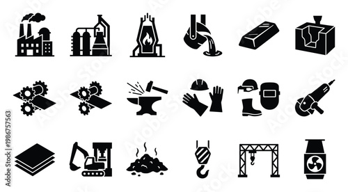 Industrial manufacturing and metallurgy icon set featuring factory buildings, heavy machinery, production processes, and safety gear, ideal for business graphics and engineering project