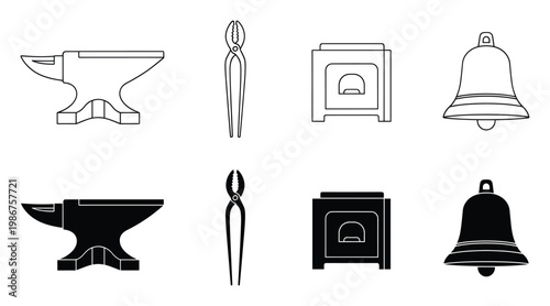 Collection of essential blacksmith tools and equipment icons including anvil, tongs, forge, and bell for traditional craftsmanship and metalworking projects visuals