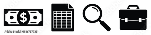 Professional business and finance icons featuring dollar money, data spreadsheet, magnifying glass for analysis, and a work briefcase, ideal for corporate economic and financial themes