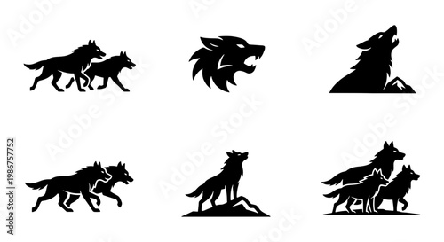 Black wolf silhouette icons set, wild predator animal logo collection, howling timber wolf and pack of wolves vector graphics for branding