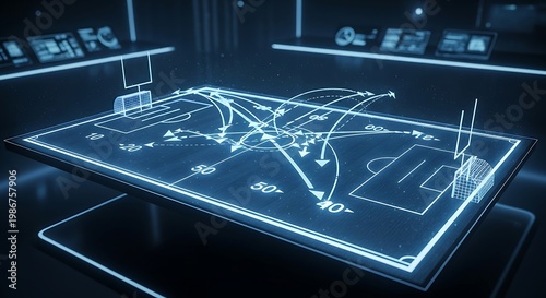 Futuristic sports strategy board, glowing blue tactical plan, football field diagram, digital playbook