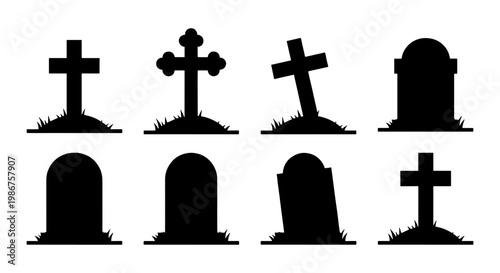 Spooky Halloween gravestone silhouettes set, 8 cemetery headstone icons with crosses, black tombstone vector elements for funeral and graveyard designs