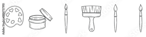 Outline sketches of painting and craft supplies including a painters palette, an open jar of paint, and various paintbrushes, ideal for educational content, hobby guides, or workshop