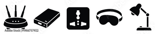 Iconic glyphs of household electronics and travel essentials featuring a WiFi router, power bank, universal adapter, sleep mask, and desk lamp for modern product interfaces.
