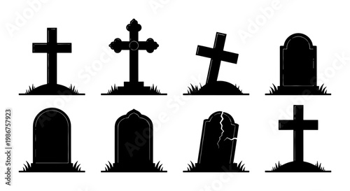 Halloween gravestone silhouette set, spooky cemetery headstone icons, 8 black tombstone vector elements for graveyard design and funeral decor