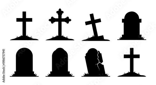 Spooky Halloween gravestone silhouettes, set of 8 cemetery headstones and crosses, black graveyard tombstone icons for funeral or horror design
