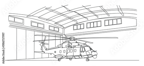 Detailed line drawing of a powerful helicopter housed inside a large aircraft hangar suitable for engineering blueprints and aviation industry visuals