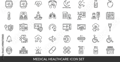 Medical healthcare outline icon set hospital treatment diagnostics pharmacy emergency insurance telemedicine accessibility wellness clinical equipment vector collection