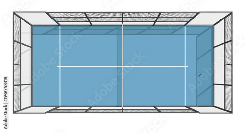 Full Blue Padel Court Overhead View with Complete Fence Enclosure