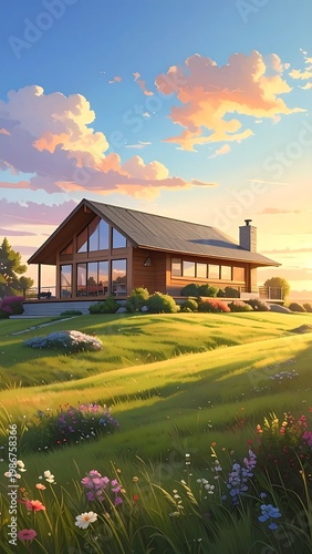 A serene house on a lush green lawn with vibrant flowers