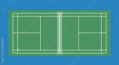 Top View Green Badminton Court with White Lines and Net on Blue Background