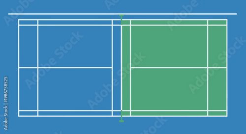 Top View Badminton Court with Split Blue and Green Colored Playing Surface and White Lines