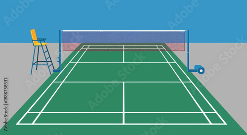 Isometric Green Badminton Court with White Lines, Blue Net and Umpire Chair
