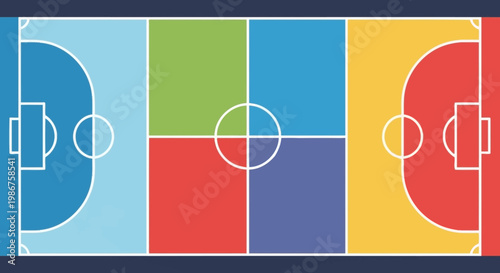 Top View Multi-Sport Court with Colorful Quadrants and White Lines for Various Games