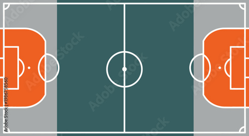 Dark Grey Handball Court Top View with White Lines and Bright Orange Goal Areas